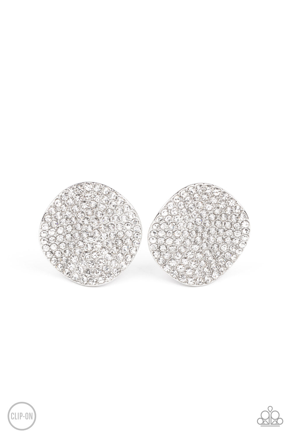 Lunch at the Louvre - White Rhinestone and Silver Clip On Earrings - Paparazzi Accessories