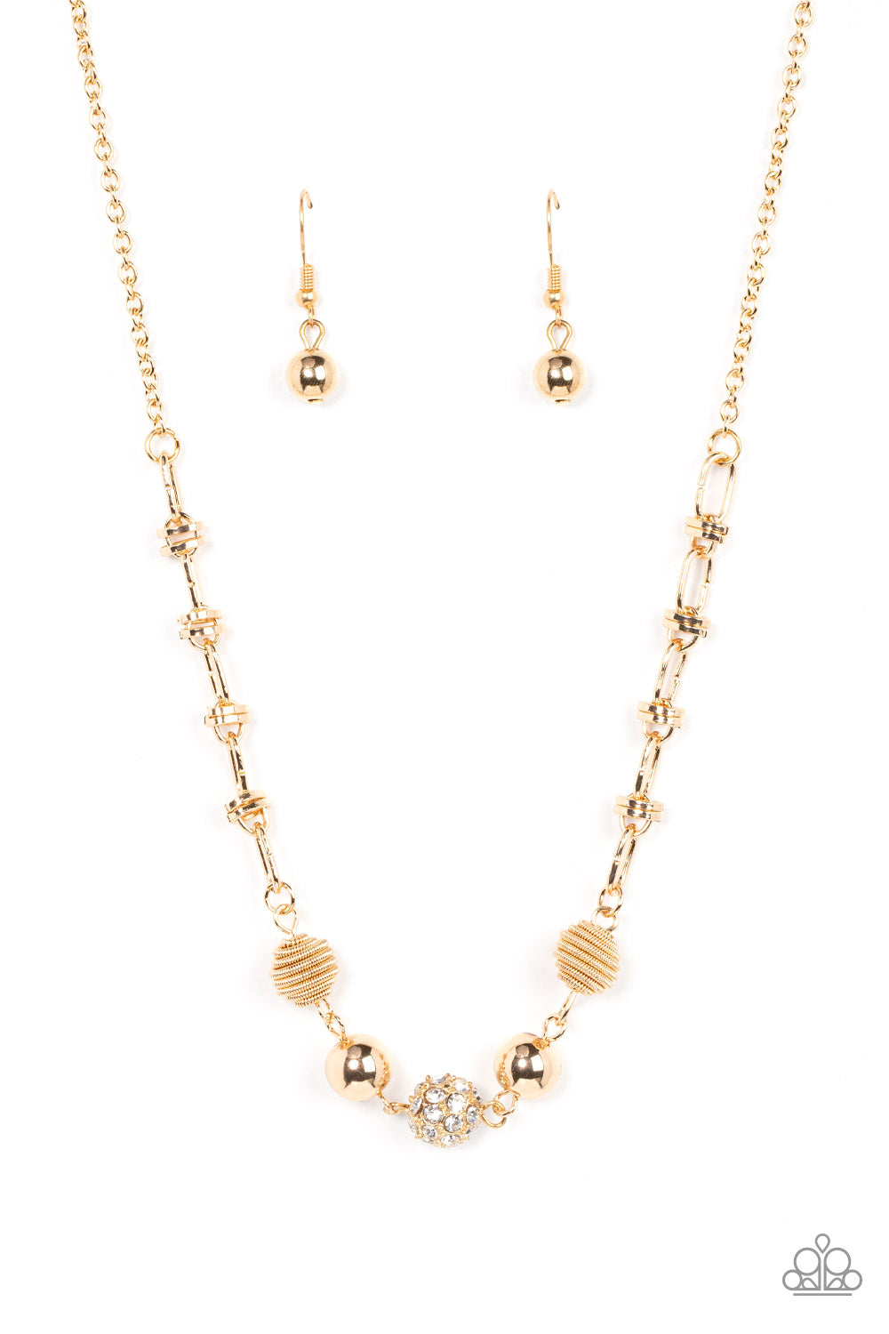 Taunting Twinkle - Gold Beads and White Rhinestone Necklace - Paparazzi Accessories