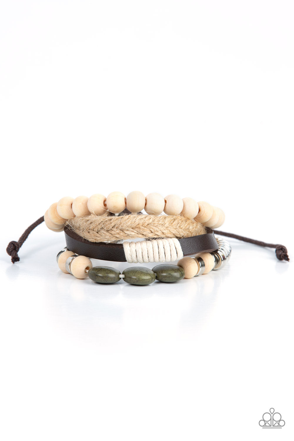 DRIFTER Away - Green and White Beaded Brown Leather Bracelet
