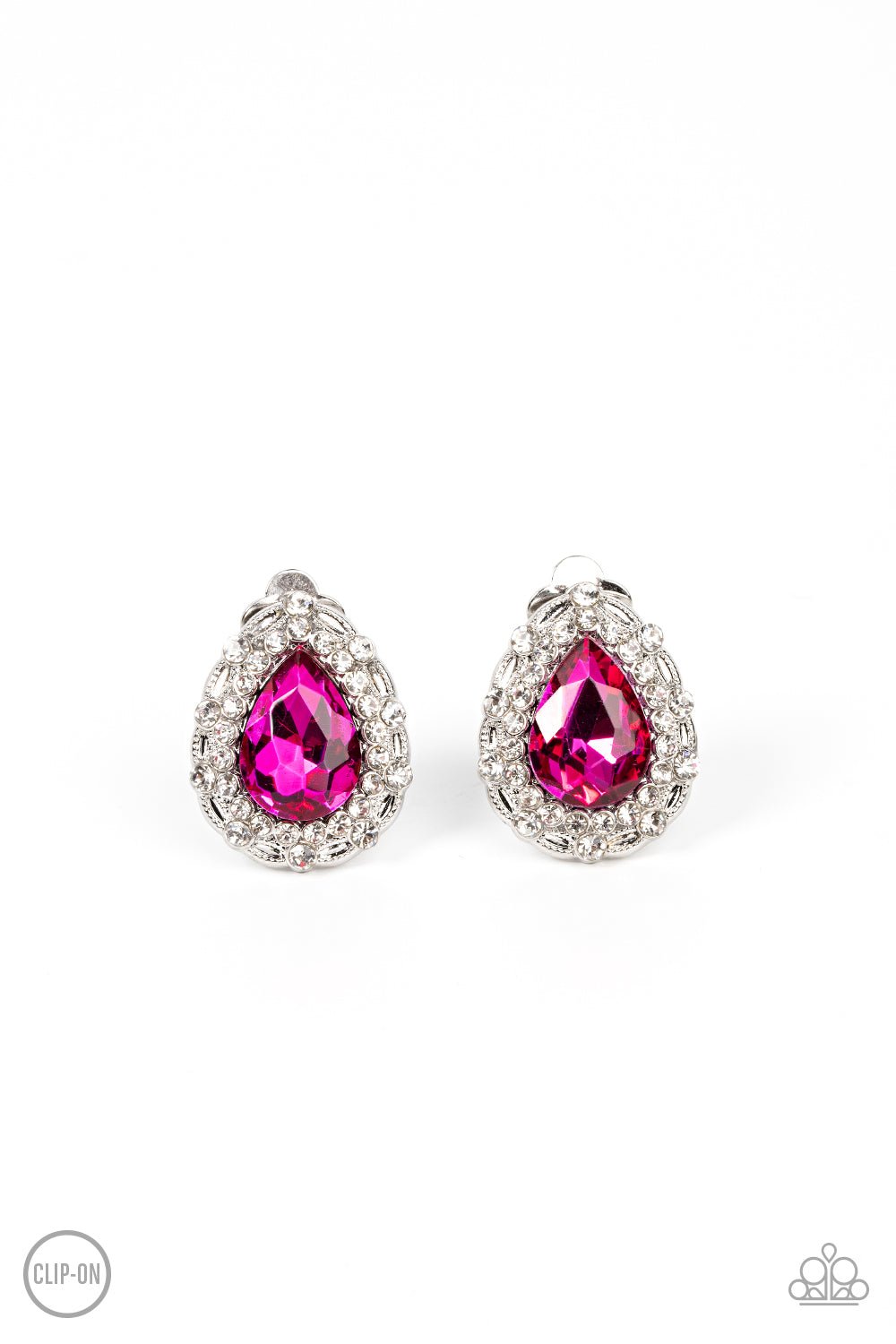 Haute Happy Hour - Pink Teardrop Rhinestone Clip On Earrings - Paparazzi Accessories